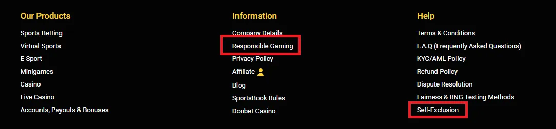 responsible gambling measures offered in the casino's footer menu